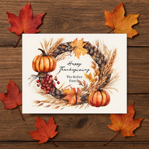 Watercolor Pumpkin & Wheat Thanksgiving Wreath  Postcard