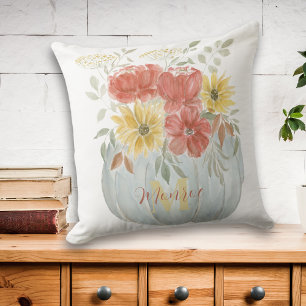 Watercolor Pumpkin with Fall Foliage Bouquet Cushion
