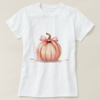 Watercolor Pumpkin With Pink Bow Halloween  T-Shirt