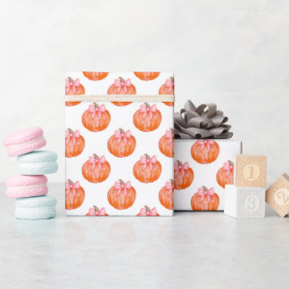 Watercolor Pumpkin with Pink Bow Pattern Wrapping Paper