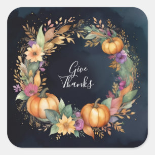 Watercolor Pumpkin Wreath Thanksgiving Square Sticker
