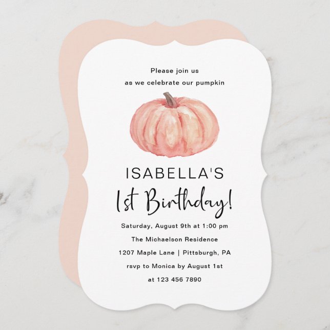 Watercolor Pumpkin's 1st Birthday Party Invitation (Front/Back)