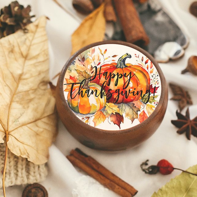 Watercolor Pumpkins and Autumn Leaves Thanksgiving Classic Round Sticker (Creator Uploaded)