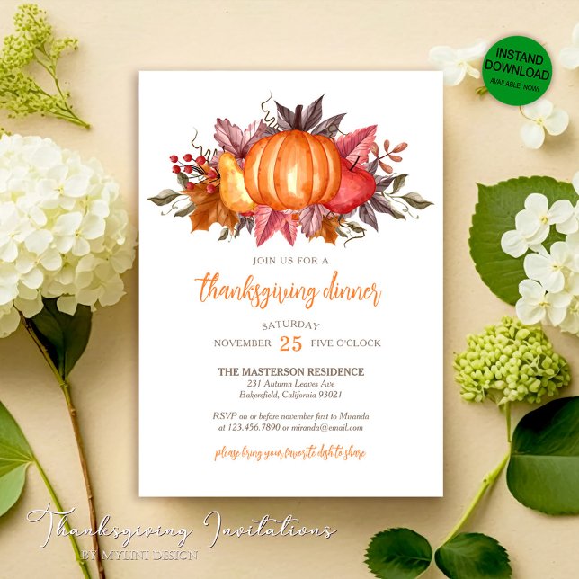 Watercolor Pumpkins and Autumn Leaves Thanksgiving Invitation (Creator Uploaded)