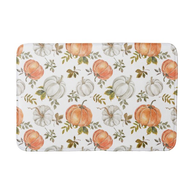 Watercolor Pumpkins and Foliage Autumn Pattern Bath Mat (Front)