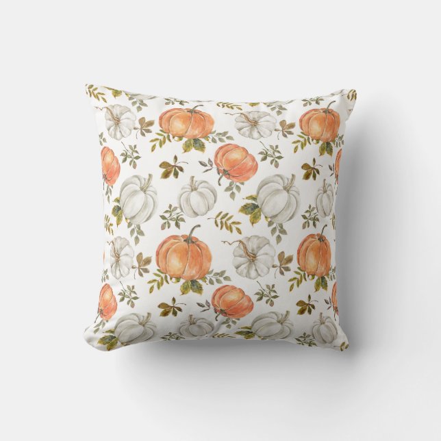 Watercolor Pumpkins and Foliage Autumn Pattern Cushion (Front)