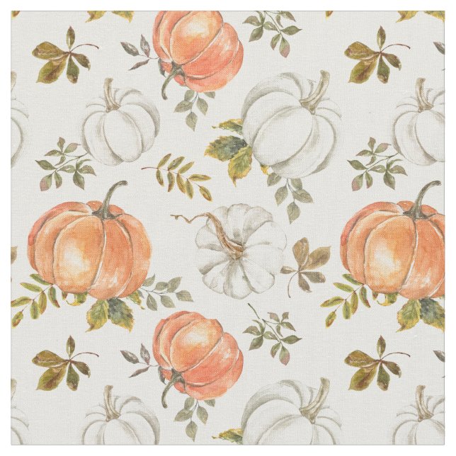 Watercolor Pumpkins and Foliage Autumn Pattern Fabric (Close Up)