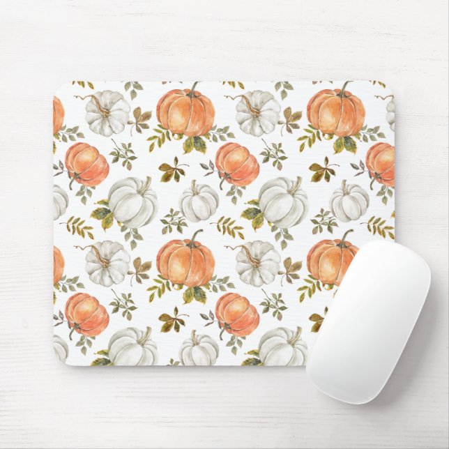Watercolor Pumpkins and Foliage Autumn Pattern Mouse Pad (With Mouse)