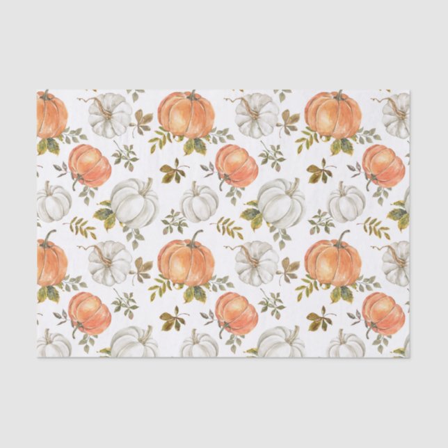 Watercolor Pumpkins and Foliage Autumn Pattern Tissue Paper (Front)