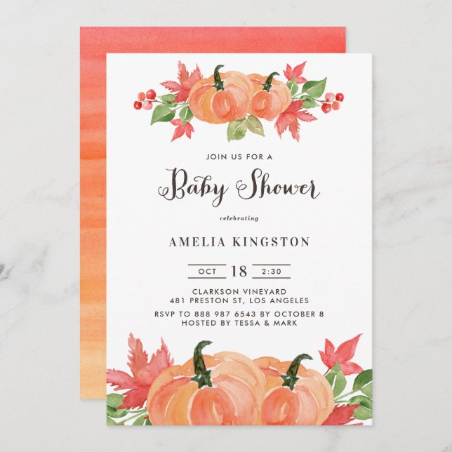 Watercolor Pumpkins Autumn Baby Shower Invitation (Front/Back)