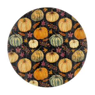 Watercolor Pumpkins: Autumn Seamless Pattern. Cutting Board