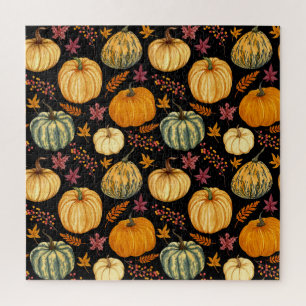 Watercolor Pumpkins: Autumn Seamless Pattern. Jigsaw Puzzle
