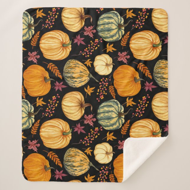 Watercolor Pumpkins: Autumn Seamless Pattern. Sherpa Blanket (Front)