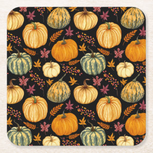 Watercolor Pumpkins: Autumn Seamless Pattern. Square Paper Coaster