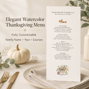 Watercolor Pumpkins Fall Thanksgiving Dinner Menu