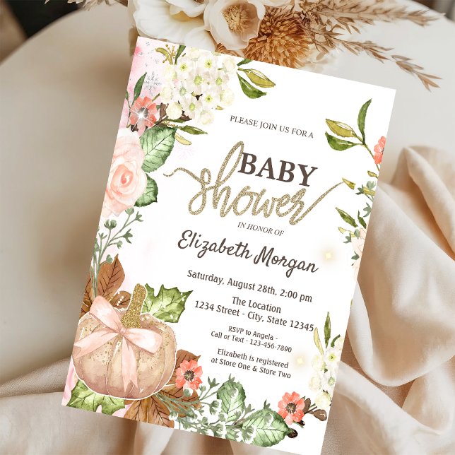 Watercolor  Pumpkins Flowers Leaves Baby Shower Invitation (Creator Uploaded)