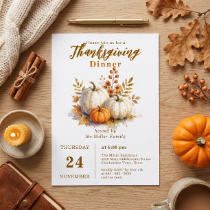 Watercolor Pumpkins Gold Leaves Fall Thanksgiving Invitation