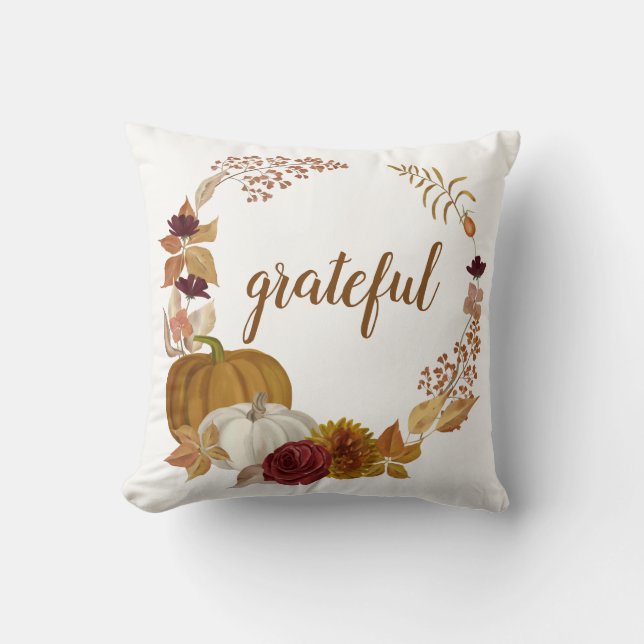 Watercolor Pumpkins Grateful Boho Thanksgiving Cushion (Front)
