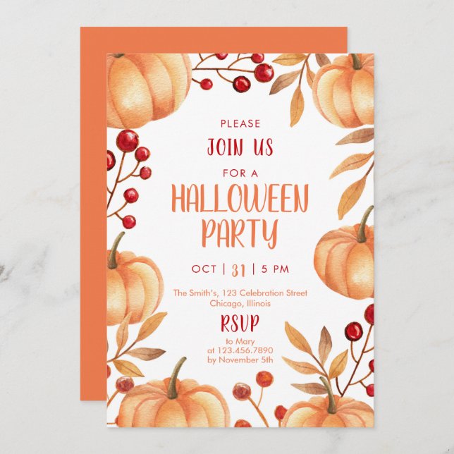 Watercolor Pumpkins Halloween Party Invitation (Front/Back)