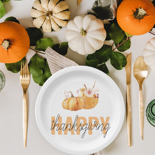 Watercolor Pumpkins & Orange Happy Thanksgiving Paper Plate