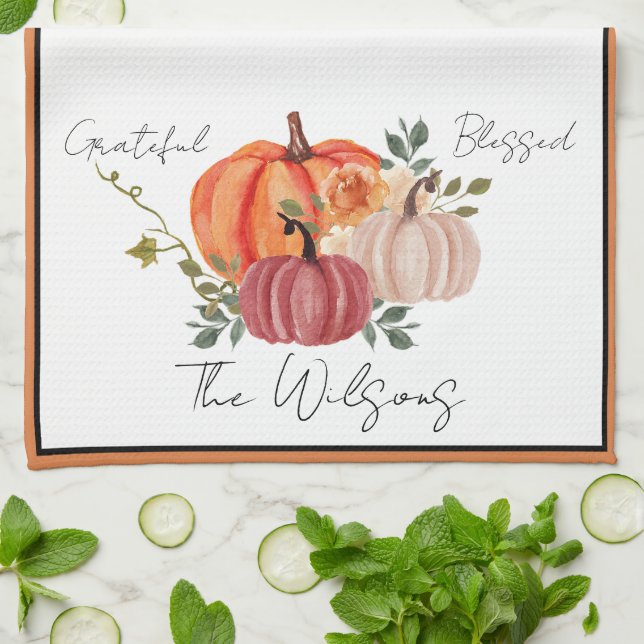 Watercolor pumpkins personalised custom tea towel (Folded)