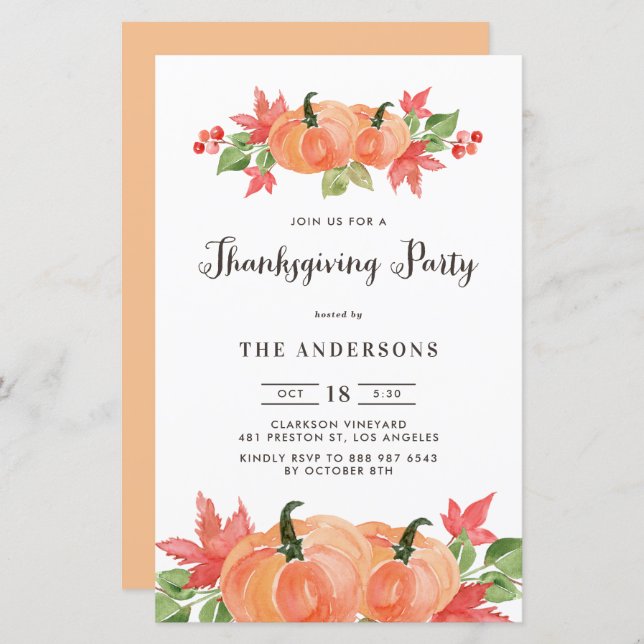 Watercolor Pumpkins Thanksgiving Invitatation (Front/Back)