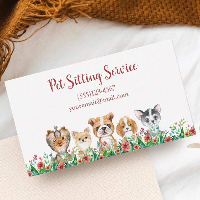 Watercolor Puppy Dog Pet Sitting Grooming Service Business Card (Creator Uploaded)