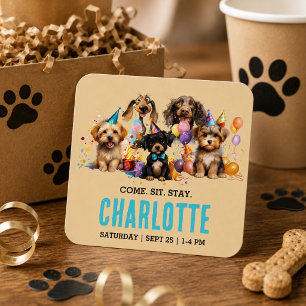 Watercolor Puppy Pawty Dog Birthday Square Sticker