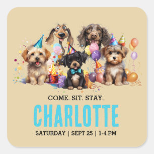 Watercolor Puppy Pawty Dog Birthday Square Sticker