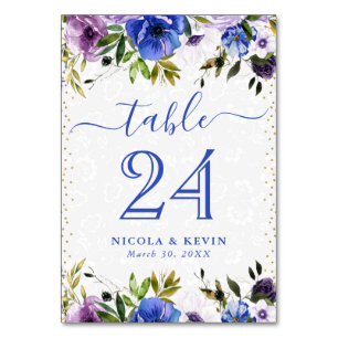 Watercolor Purple aand Blue Flowers Wedding Table Number