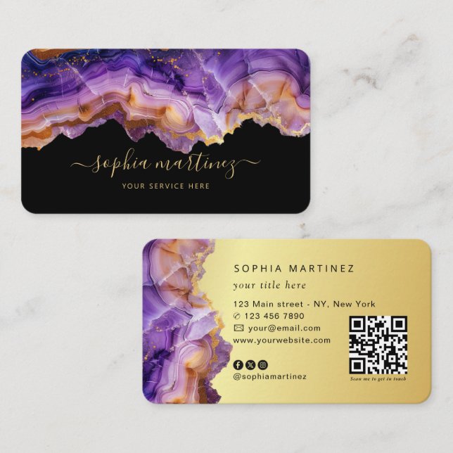 Watercolor Purple Agate gold glitter & QR Code Business Card (Front/Back)