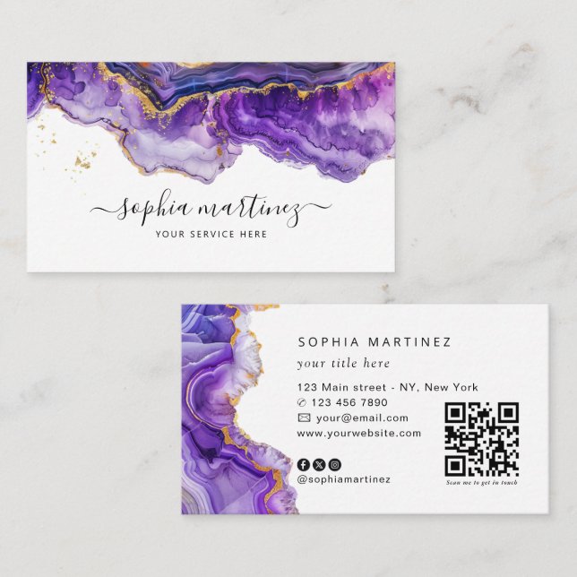 Watercolor Purple Agate gold glitter & QR Code Business Card (Front/Back)