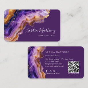 Watercolor Purple Agate gold glitter & QR Code Business Card