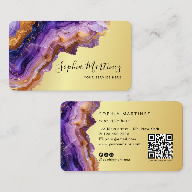 Watercolor Purple Agate gold glitter & QR Code Business Card (Front/Back)