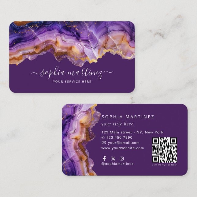 Watercolor Purple Agate gold glitter & QR Code Business Card (Front/Back)