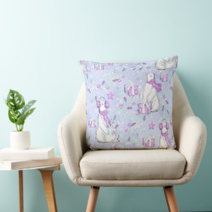Watercolor Purple and Blue Cute Polar Bear Winter Cushion