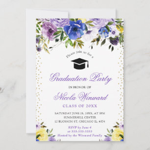 Watercolor Purple and Blue Flowers Graduation Invitation