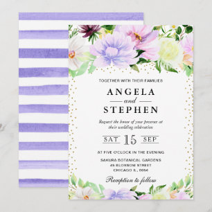 Watercolor Purple and Cream Flowers Wedding Invitation