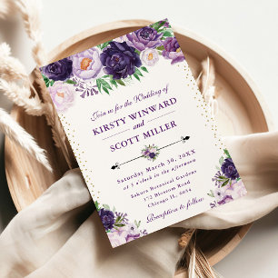 Watercolor Purple and Cream Flowers Wedding Invitation