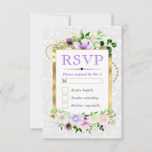 Watercolor Purple and Cream Summer Flowers Wedding RSVP Card