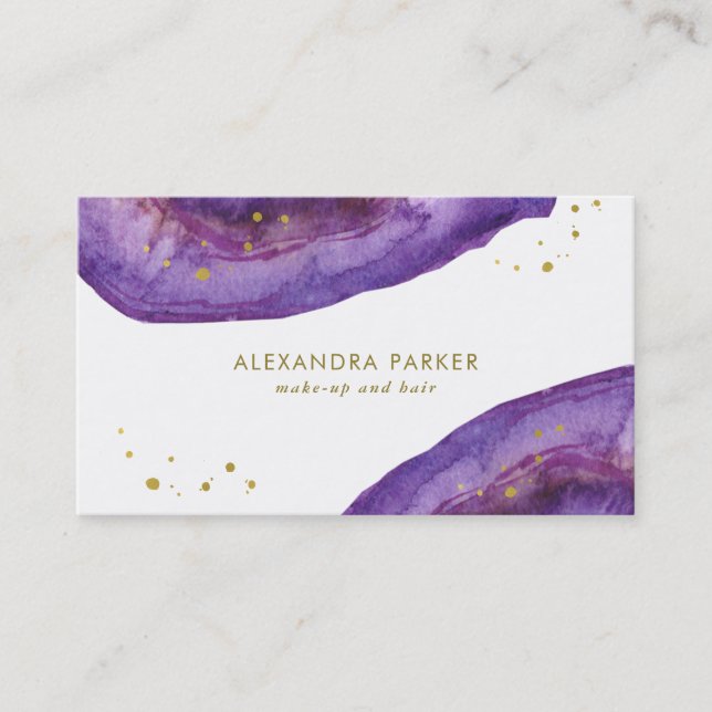 Watercolor Purple and Faux Gold Geode Business Card (Front)