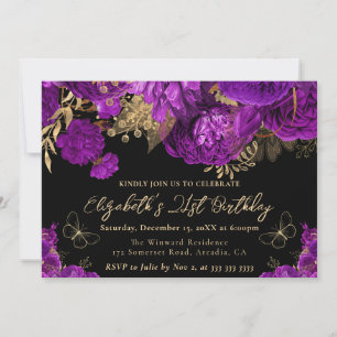 Watercolor Purple and Gold Flowers 21st Birthday Invitation