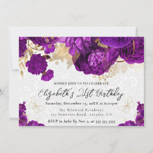 Watercolor Purple and Gold Flowers 21st Birthday Invitation