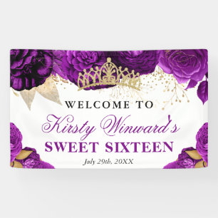 Watercolor Purple and Gold Flowers Sweet 16 Banner