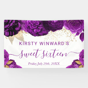 Watercolor Purple and Gold Flowers Sweet 16 Banner