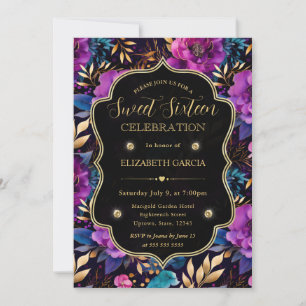 Watercolor Purple and Gold Flowers Sweet 16 Invitation