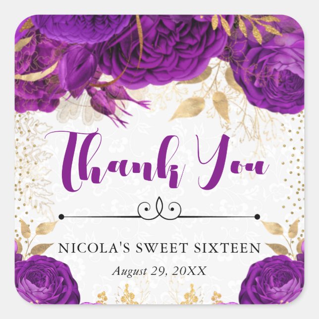 Watercolor Purple and Gold Flowers Sweet 16 Square Sticker (Front)