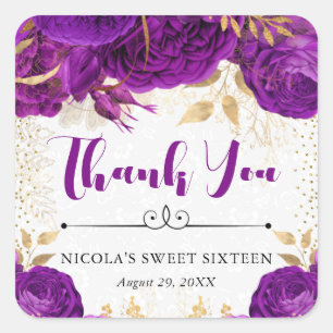 Watercolor Purple and Gold Flowers Sweet 16 Square Sticker