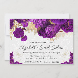 Watercolor Purple and Gold Flowers Sweet Sixteen Invitation