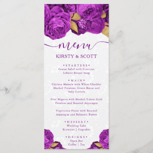 Watercolor Purple and Gold Flowers Wedding Menu